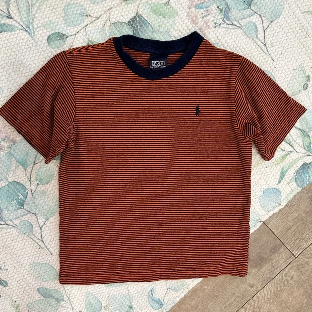 Rare Vintage Polo Ralph Lauren Little Boys Orange and Navy Striped Tee Size 5